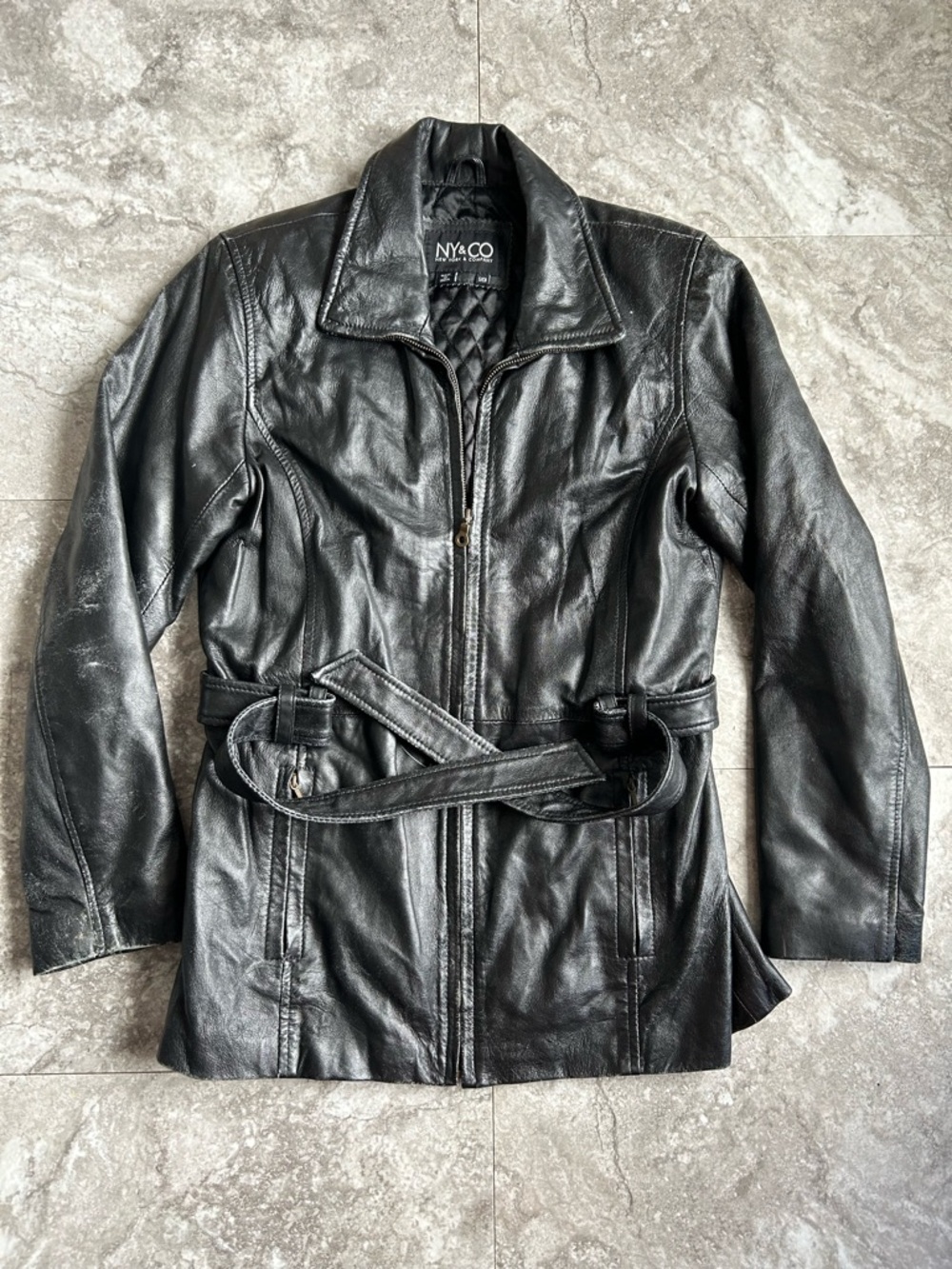 Vintage NY&CO Distressed Black Leather Jacket Small Belted “ Fixed Zipper Pull “